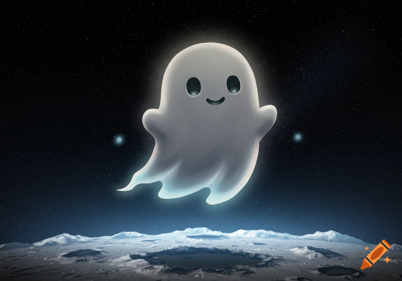 A cute, smiling white ghost floats over a cratered moon landscape under a starry sky, digital art.