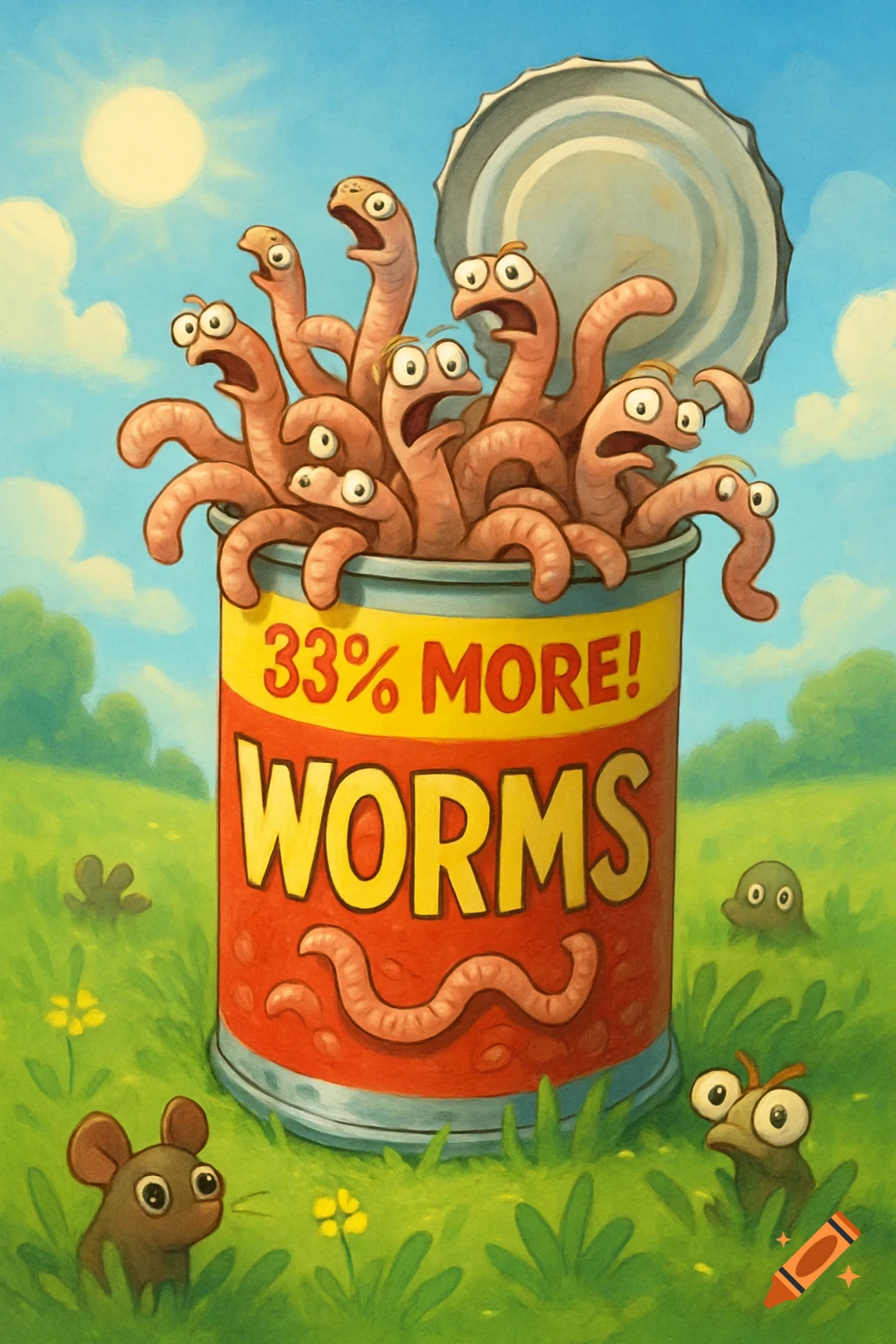 A cartoon illustration of an open can overflowing with surprised worms in a grassy field, with a small mouse and other creatures nearby under a sunny sky.