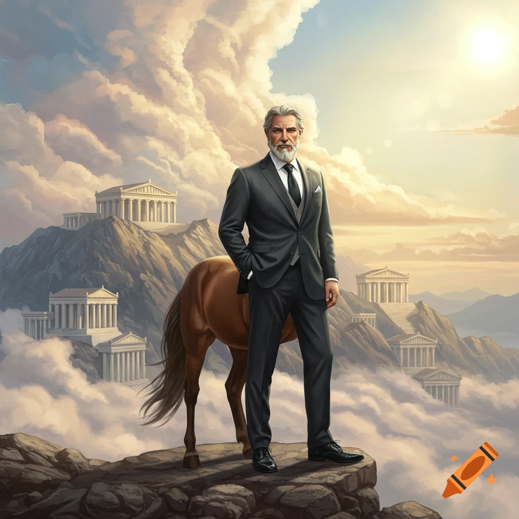 A distinguished centaur in a suit stands on a cloudy mountaintop with classical temples in the distance, in a detailed, painterly style.