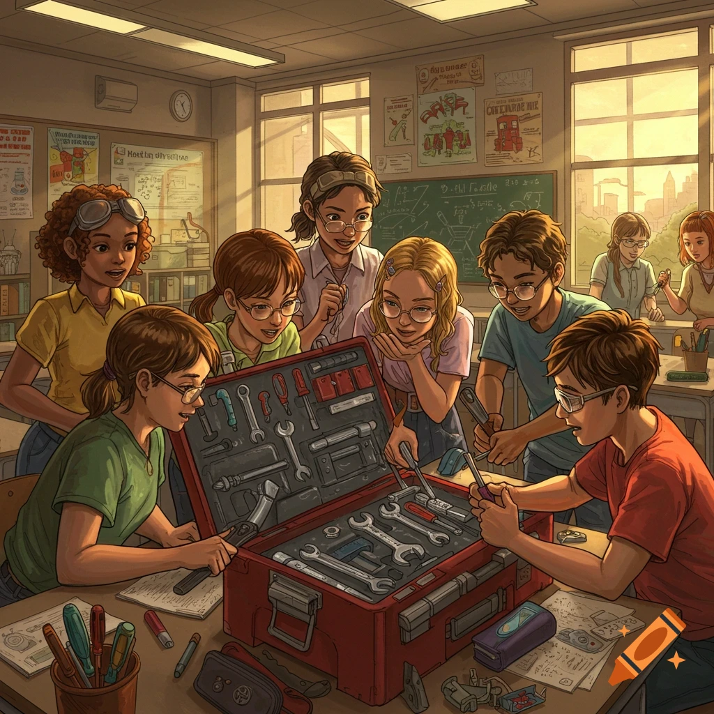 An illustration of a diverse group of students in a classroom gathered around a red toolbox, examining its contents. Some students hold tools.