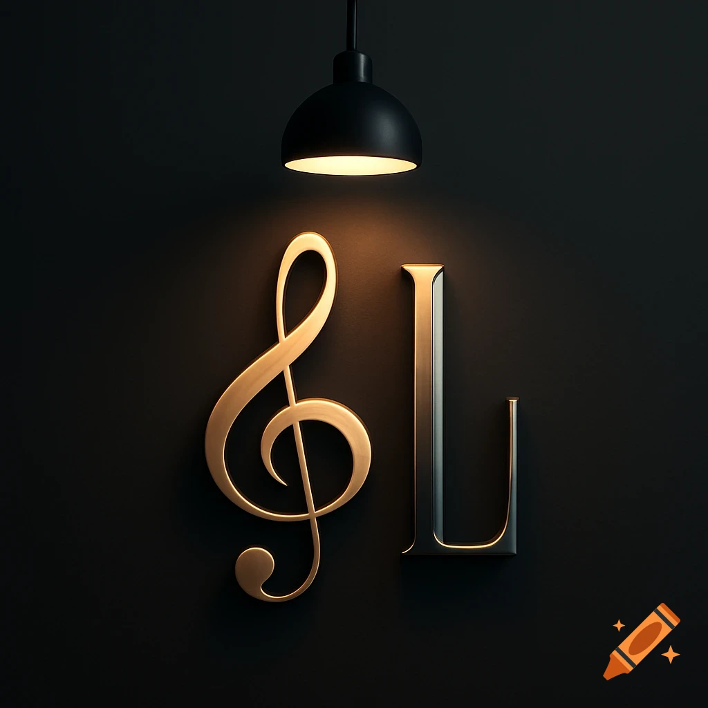 A golden treble clef and a metallic 'L' are illuminated by a spotlight from a black ceiling fixture against a dark background.