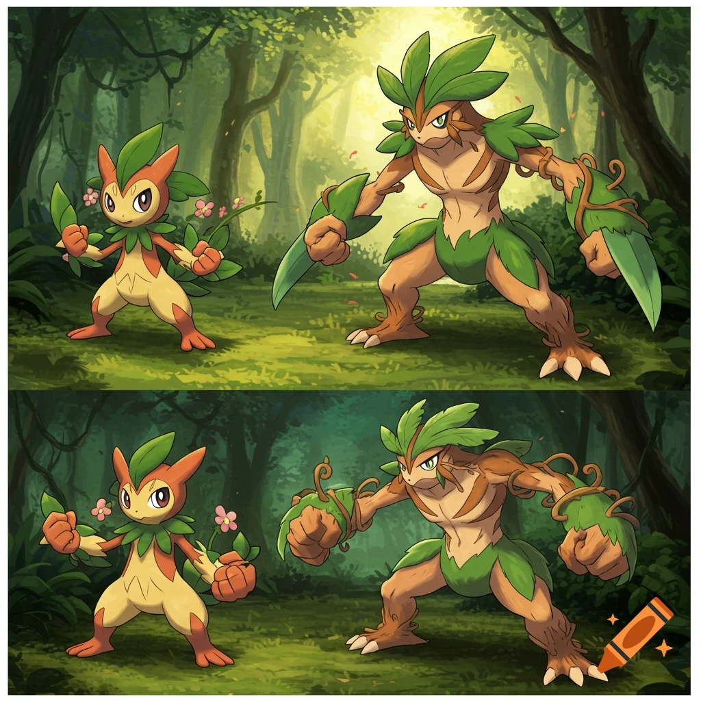 Two pairs of green and brown grass/fighting type Pokémon evolution stages stand in a lush forest.
