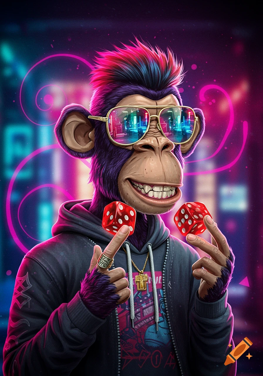 A stylish purple monkey with a pink mohawk and sunglasses, wearing a hoodie, holding two red dice in a neon-lit urban background.