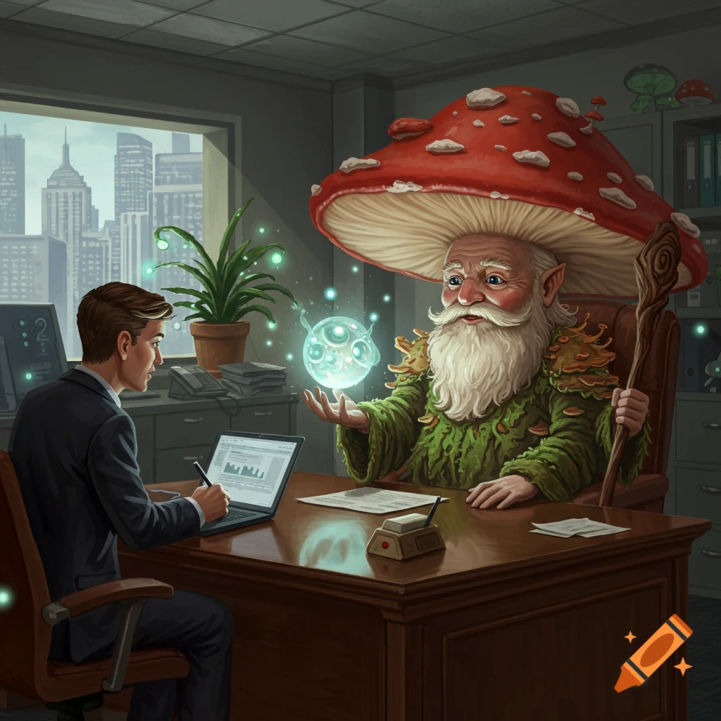 A mushroom wizard with a red cap and moss robe holds a glowing orb, across a desk from a businessman taking notes in a corporate office.