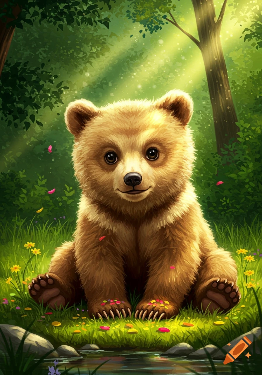 A cute brown bear cub sits in a vibrant green forest clearing with sunbeams, flowers, and a small pond.