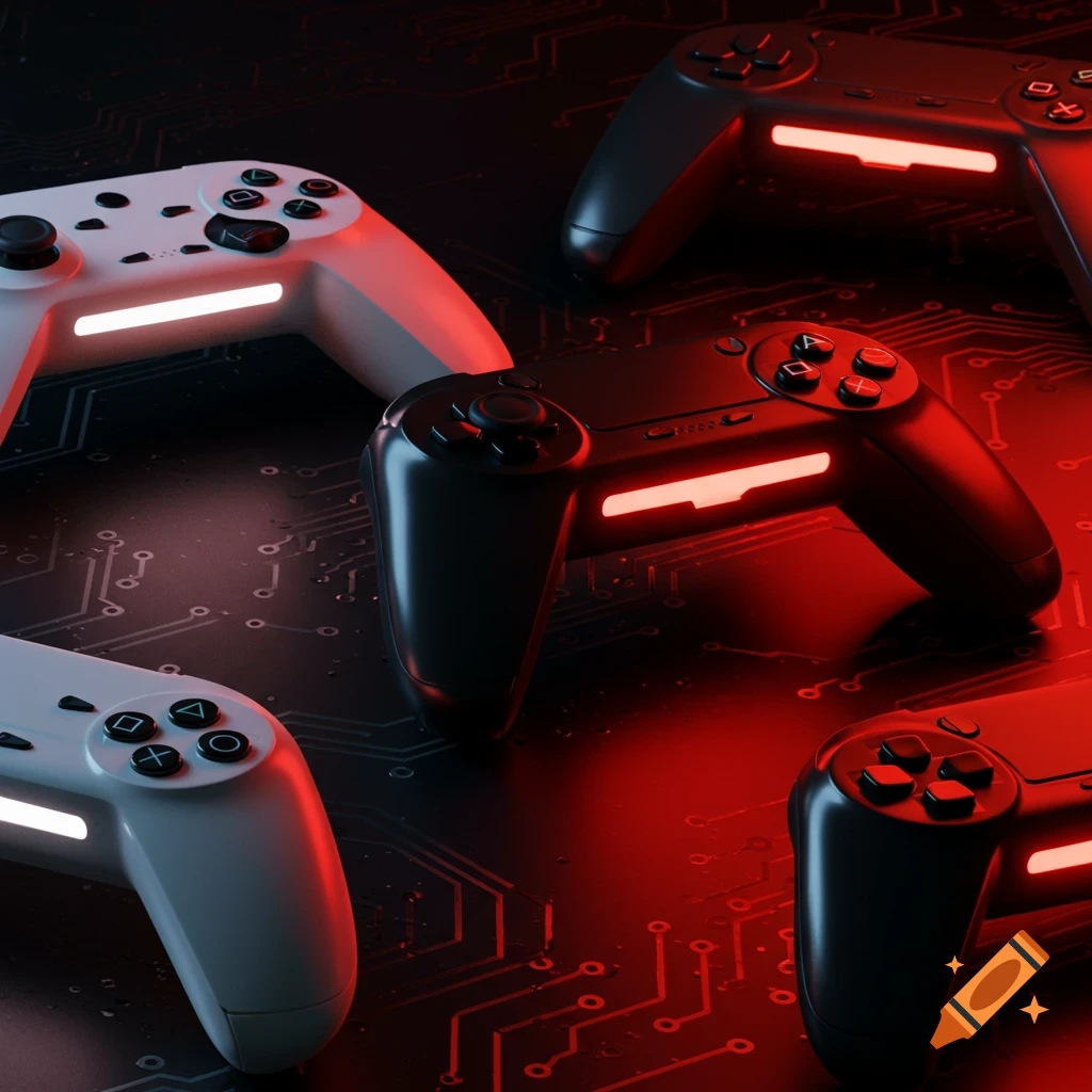 Black and white futuristic game controllers with glowing red lights on a dark circuit board background.