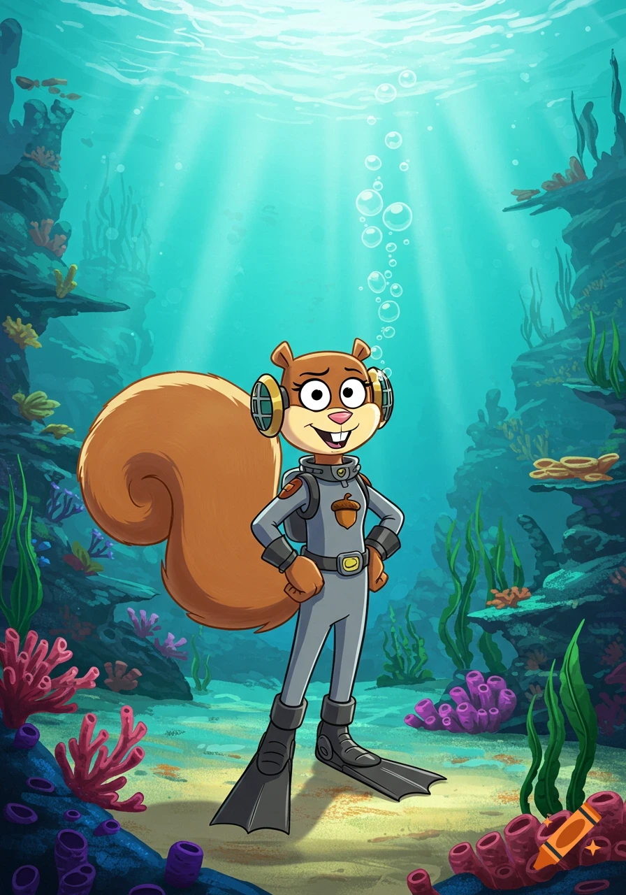 Cartoon squirrel character Sandy Cheeks in a gray scuba suit and flippers stands underwater among colorful coral and aquatic plants, with bubbles rising.