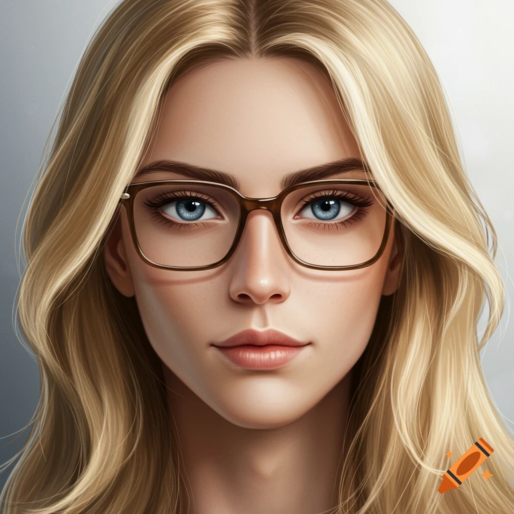 Close-up digital portrait of a blonde woman with blue eyes and brown glasses.