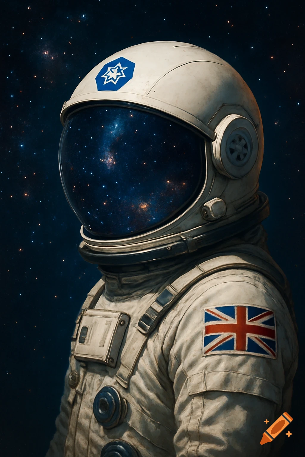 Close-up portrait of an astronaut in a white suit with a British flag on the arm and Kubernetes logo on the helmet, visor reflecting outer space.