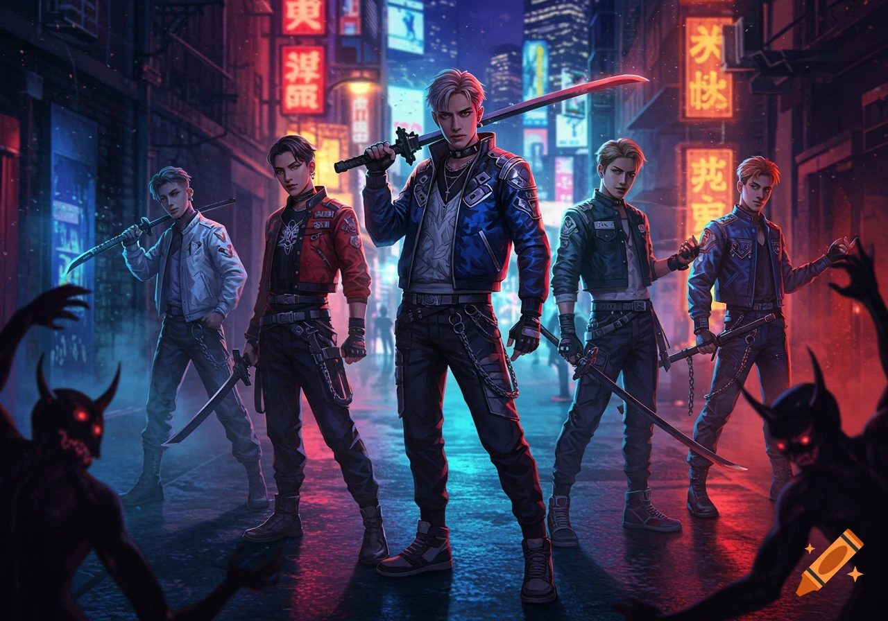 Five K-pop inspired demon hunters with swords confront shadowy demons in a neon-lit cyberpunk city street, anime style.