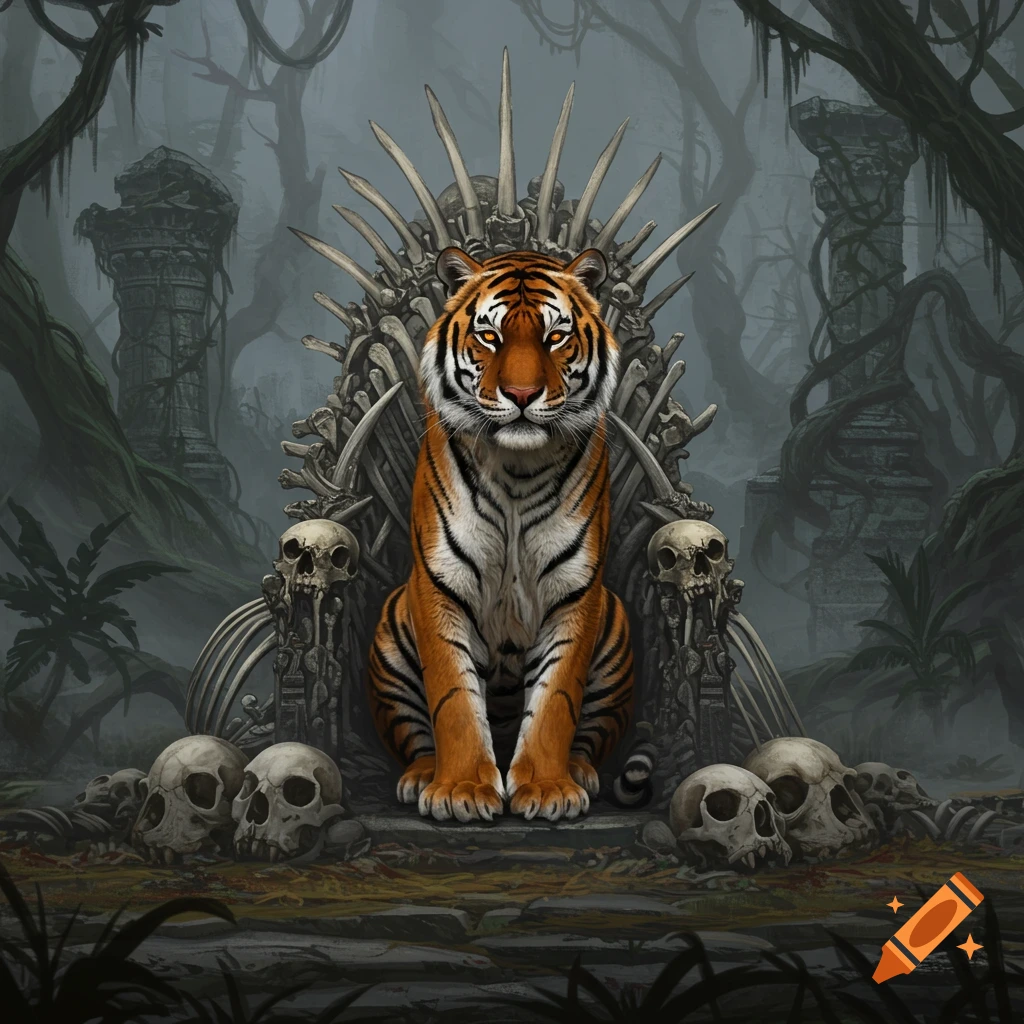 A majestic tiger sits regally on a throne crafted from bones and skulls, set in a dark, overgrown jungle ruin. Fantasy art.