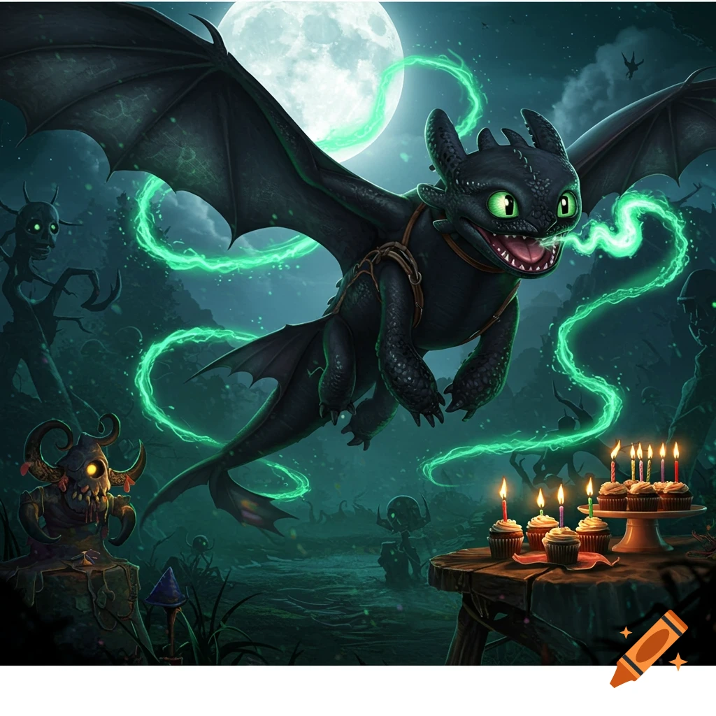 Toothless the black dragon flies through an eerie forest under a full moon, with glowing green energy, past a table with birthday cupcakes and candles.