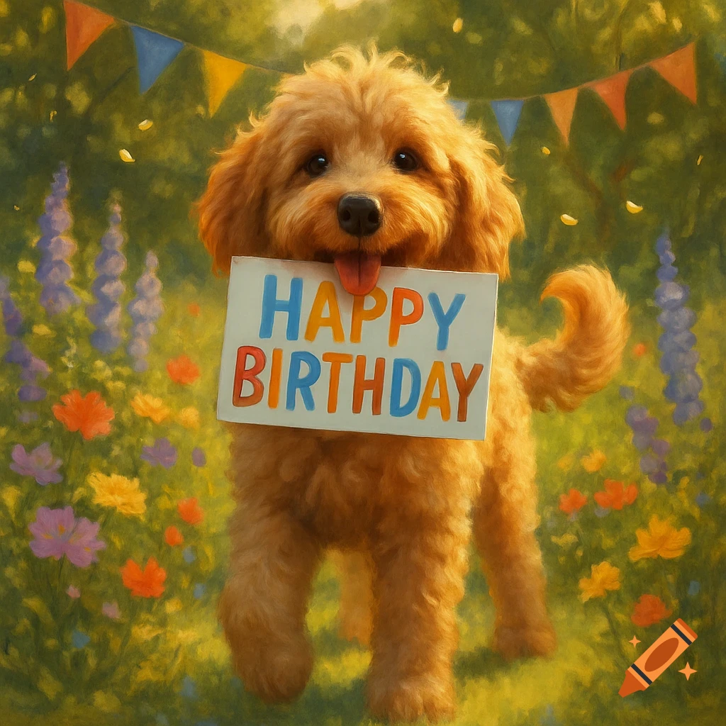 A cute golden doodle dog holding a 'HAPPY BIRTHDAY' sign in a colorful, flowery garden with festive bunting, in a painterly style.