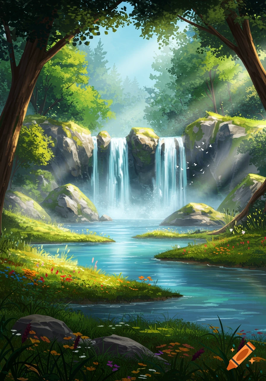 A vibrant, illustrative scene of a multi-tiered waterfall cascading into a clear river, surrounded by lush green forests and colorful wildflowers under a bright sky.