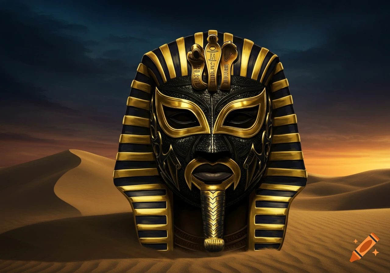 A striking black and gold ornate Egyptian pharaoh mask with a stylized face and nemes headdress, standing in a desert landscape under a dramatic dark sky.