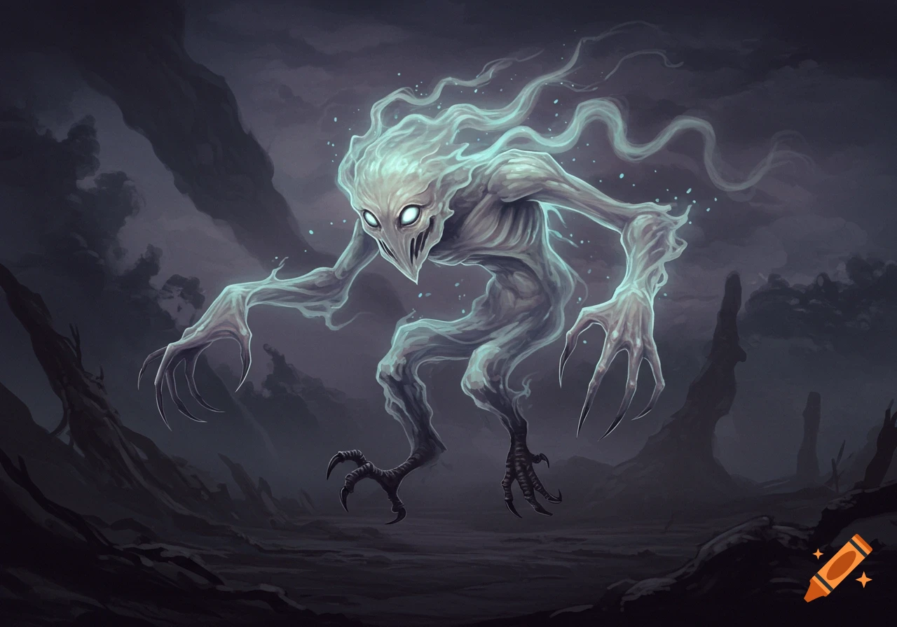 A glowing, ethereal creature with snake eyes, long claws, and bird feet hovers in a dark, desolate landscape.