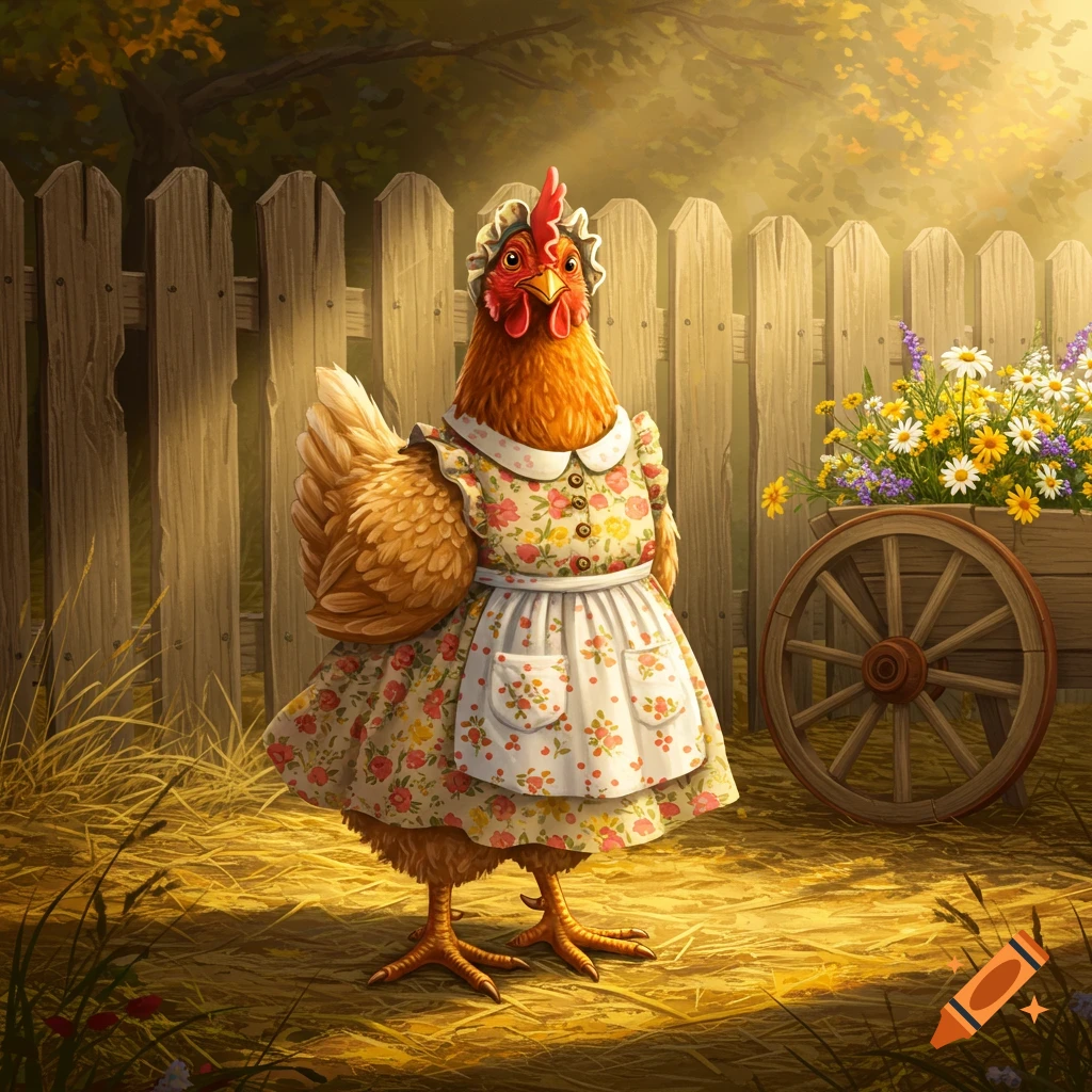 A whimsical hen in a floral dress and apron stands in a sunny farmyard with a wooden fence and a cart of flowers.