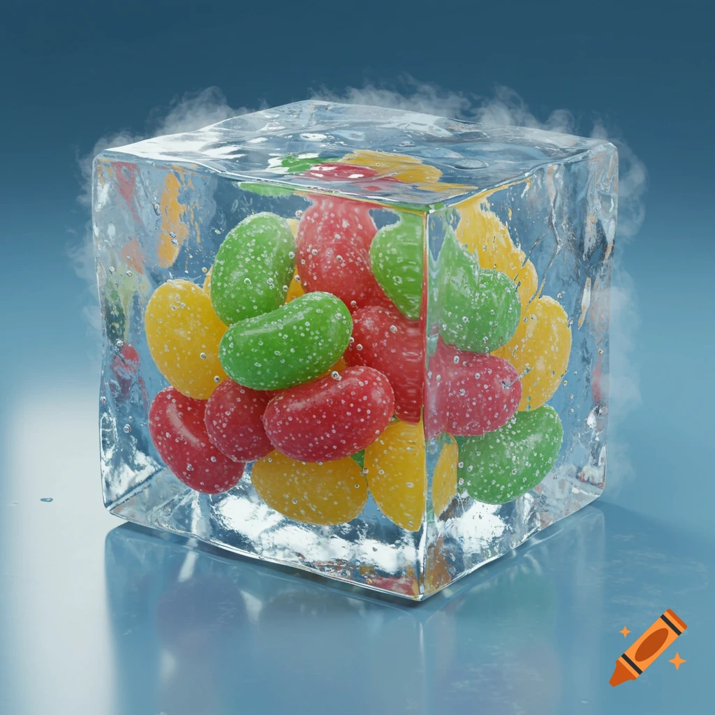 A clear ice cube filled with colorful red, green, and yellow jelly beans, with frosty vapor rising from the top.