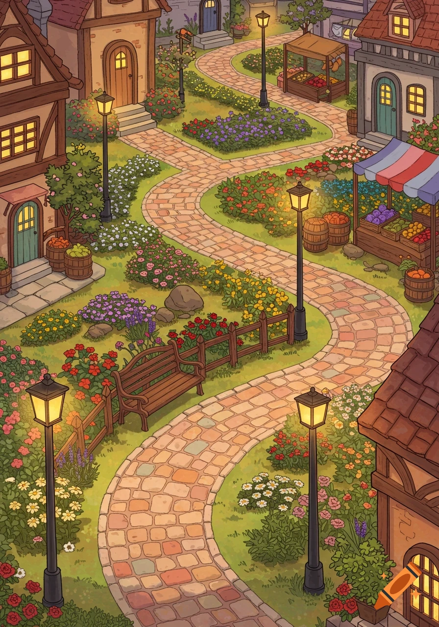 A whimsical storybook village with winding cobblestone paths, vibrant flower gardens, cozy houses, and market stalls.