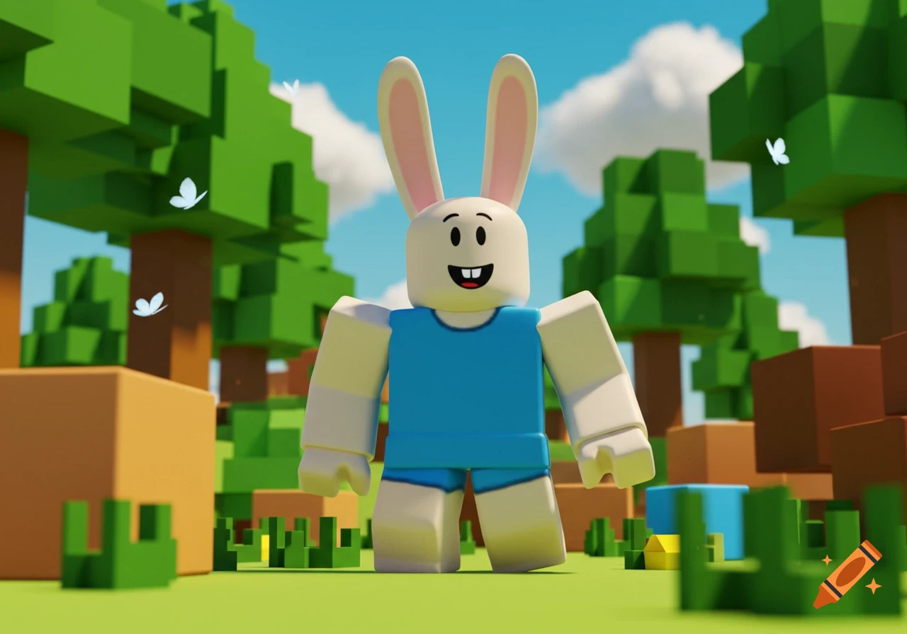 A smiling Roblox-style bunny character wearing blue stands in a blocky cartoon forest with butterflies.