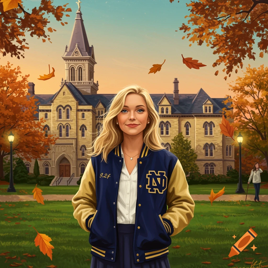 A blonde girl in a navy and gold letterman jacket stands on a lawn in front of a university building during autumn, in an illustrated style.