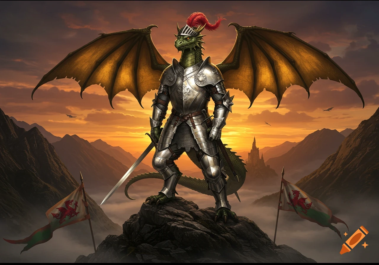 A majestic green dragon knight in shining silver armor stands on a rocky peak at sunset, with mountains and a castle in the background.