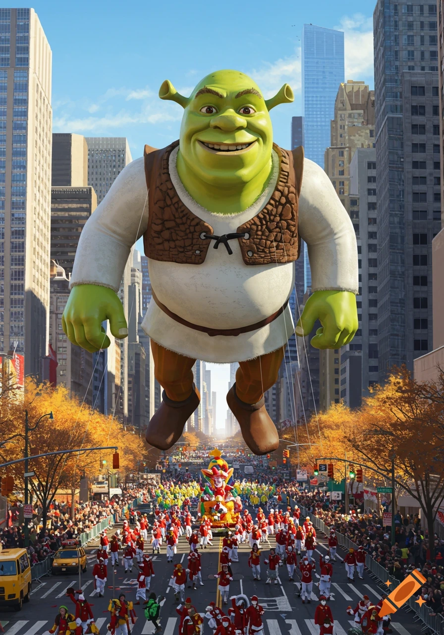 A giant Shrek balloon soars above a vibrant city parade with marching participants and crowds, surrounded by skyscrapers.