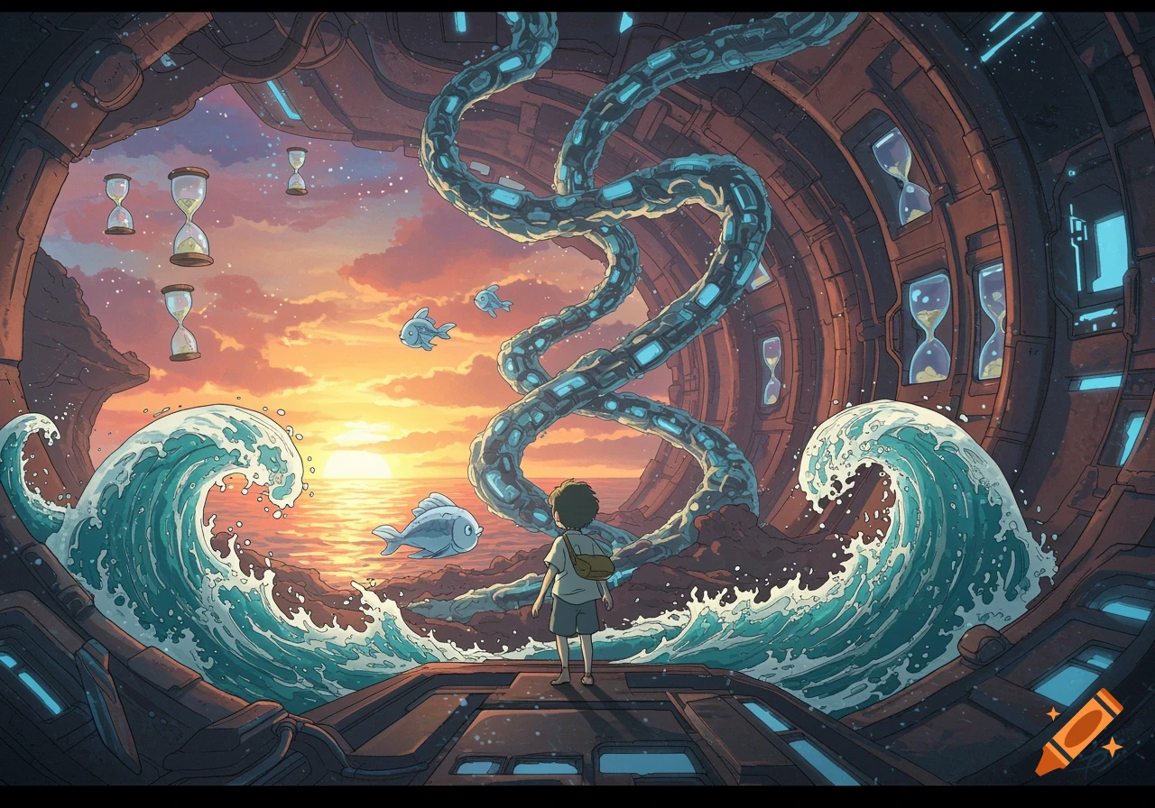 A boy stands on a futuristic platform, looking at a fantastical sunset ocean with giant waves, floating hourglasses, and glowing mechanical structures.