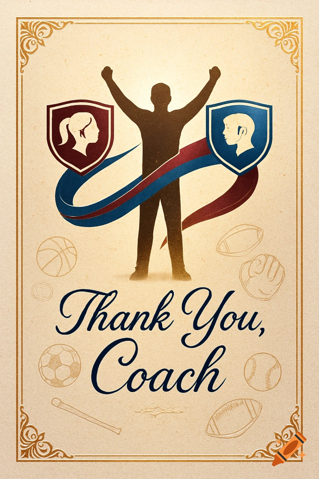 Vintage-style thank you card with a central silhouette, male and female team shields, sports equipment illustrations, and 'Thank You, Coach'.