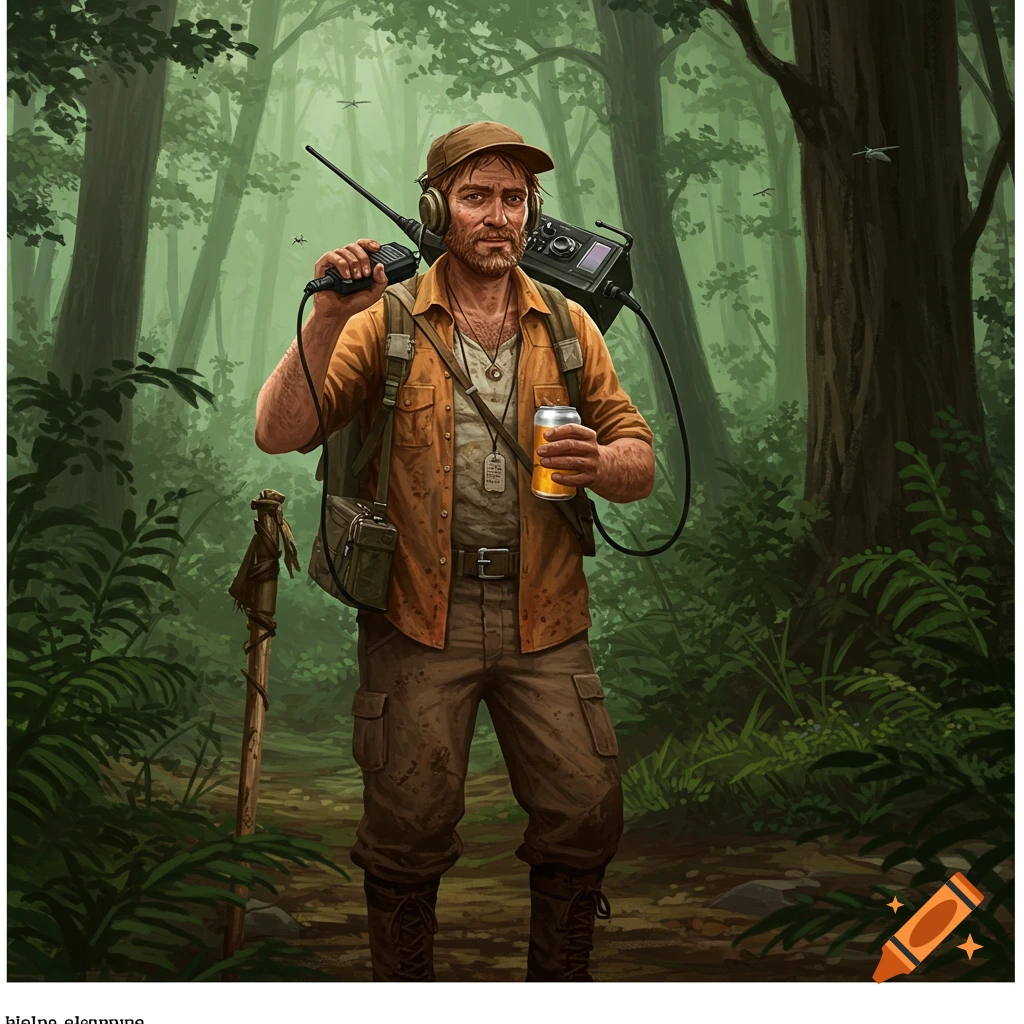 An illustrated man with a beard, wearing a hat, holding a ham radio and a beer can, hiking through a lush green forest.