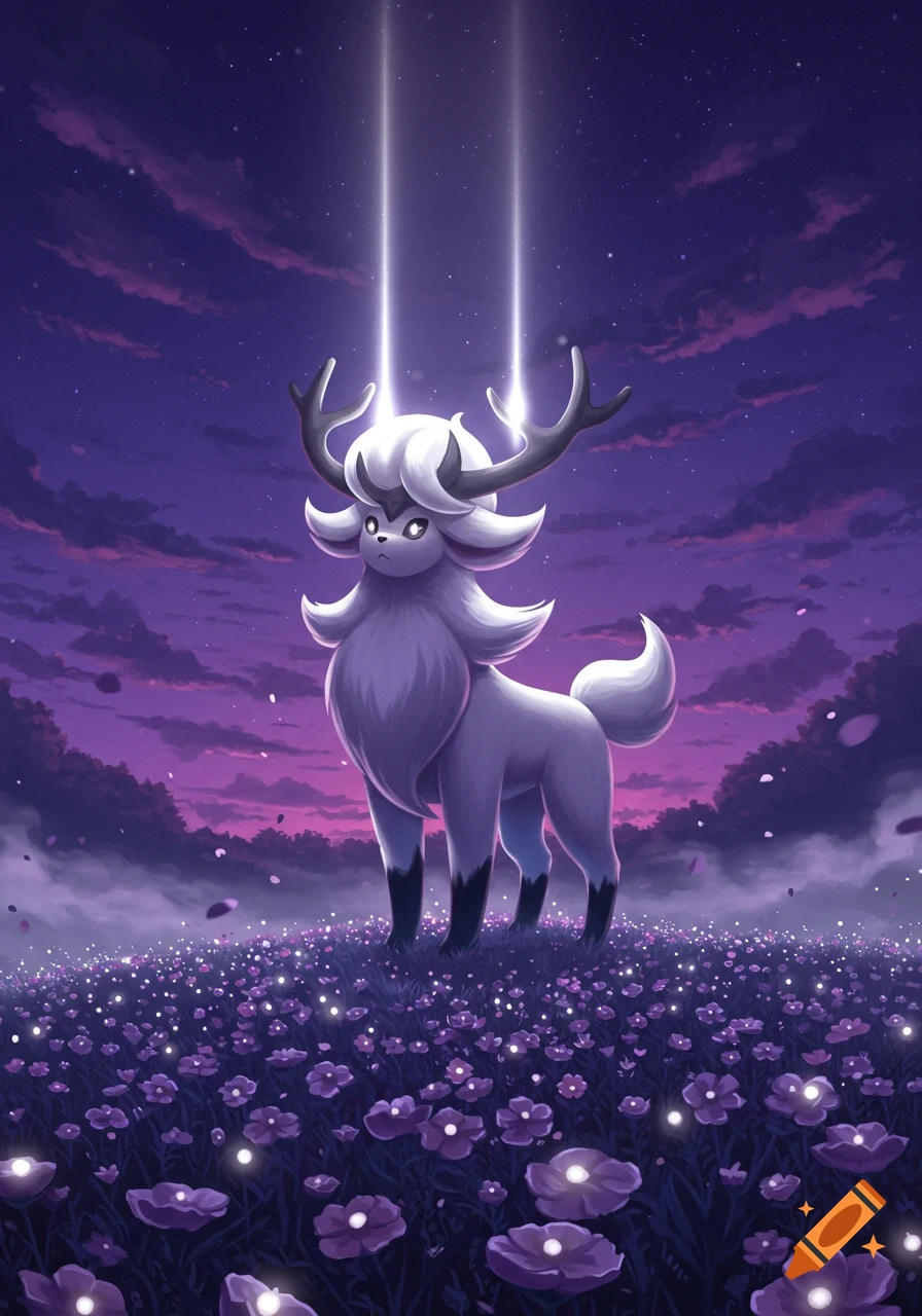 A white, furry, deer-like creature with antlers stands in a field of glowing purple flowers under a starry purple night sky with two light beams shining down, digital art.