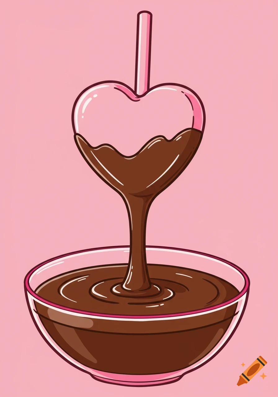 A cartoon illustration of dark chocolate pouring from a heart-shaped glass into a clear bowl, all on a light pink background.
