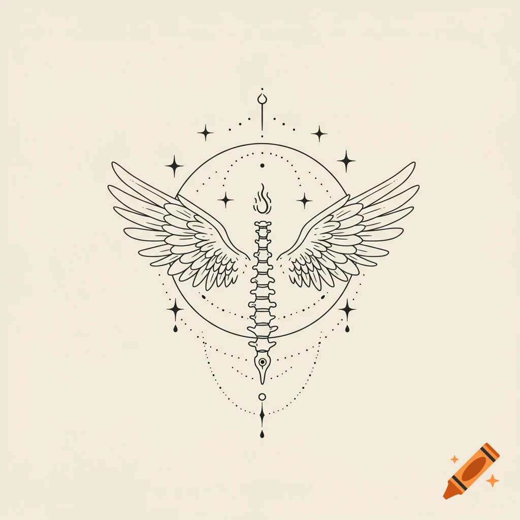 A minimalist line art illustration featuring a winged human spine with a flame on top, centered within a circle and surrounded by stars.