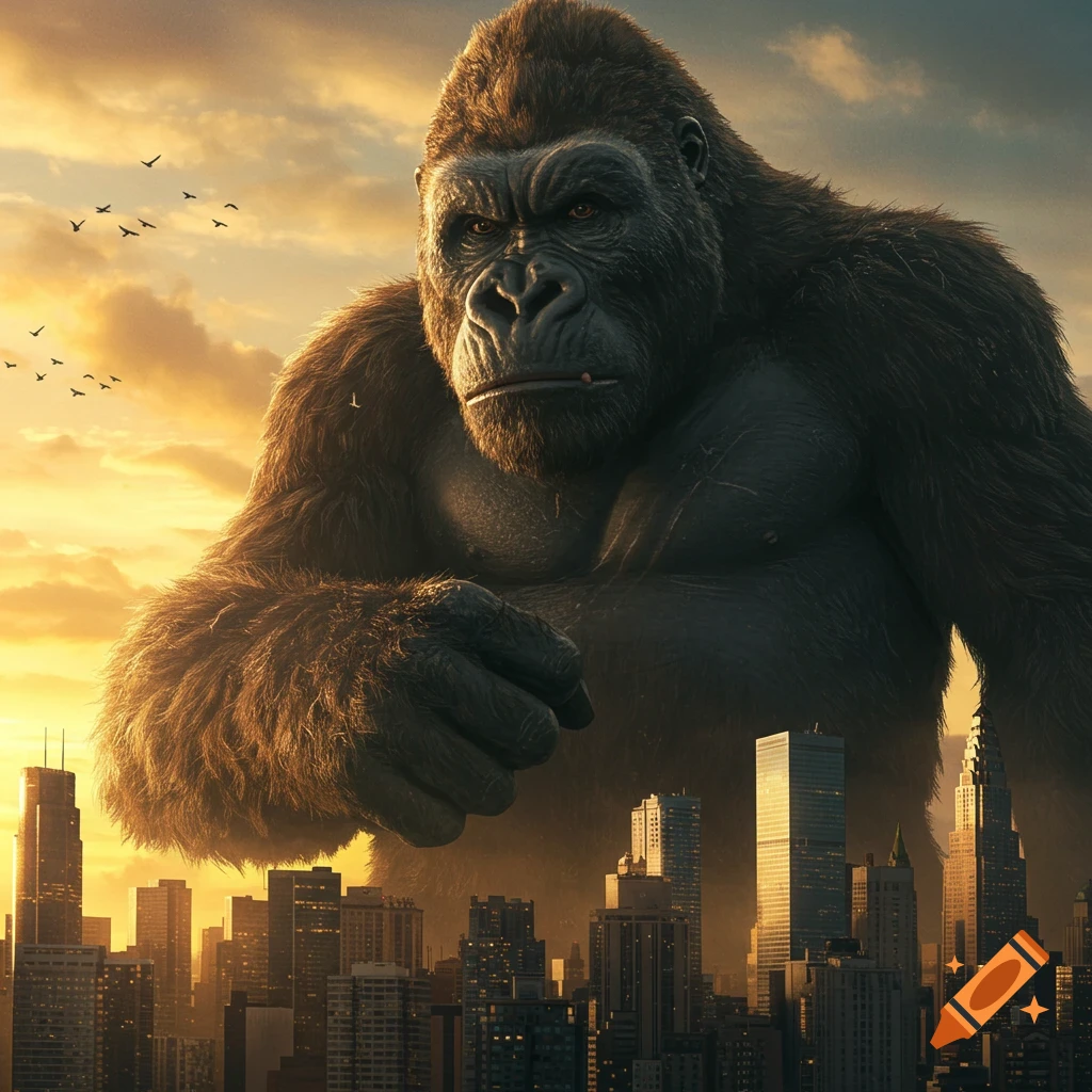 Giant King Kong, a massive gorilla, looms over a city skyline at sunset with birds flying in the golden sky. Photorealistic style.