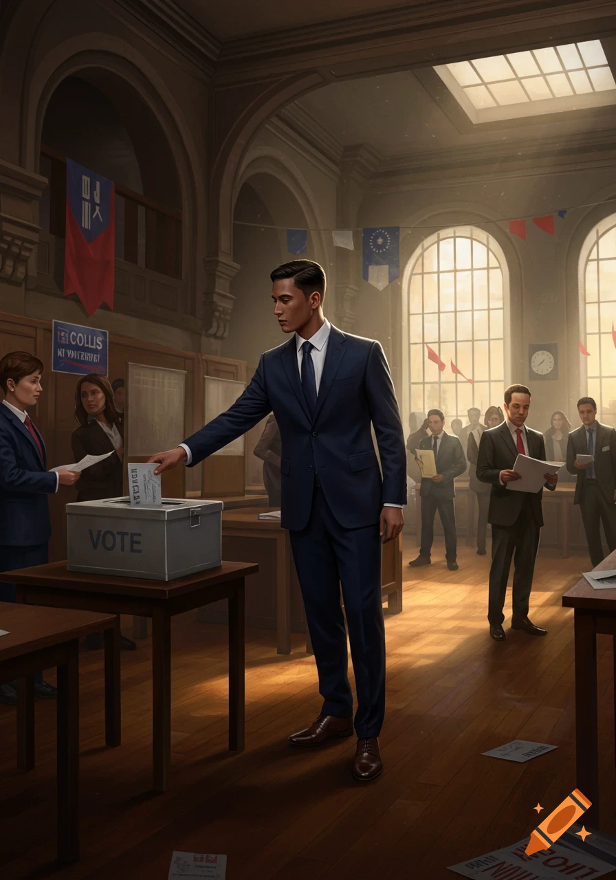 A photorealistic image of a man in a dark suit casting his vote into a ballot box at a polling station, with other people in the background.