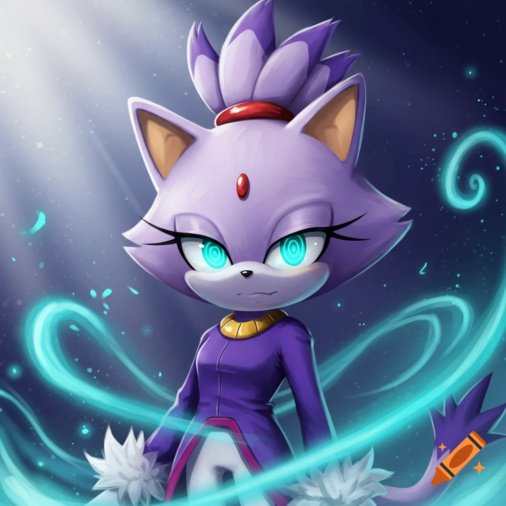Blaze the Cat with glowing cyan spiral eyes and purple tunic, surrounded by swirling blue energy in an anime style.