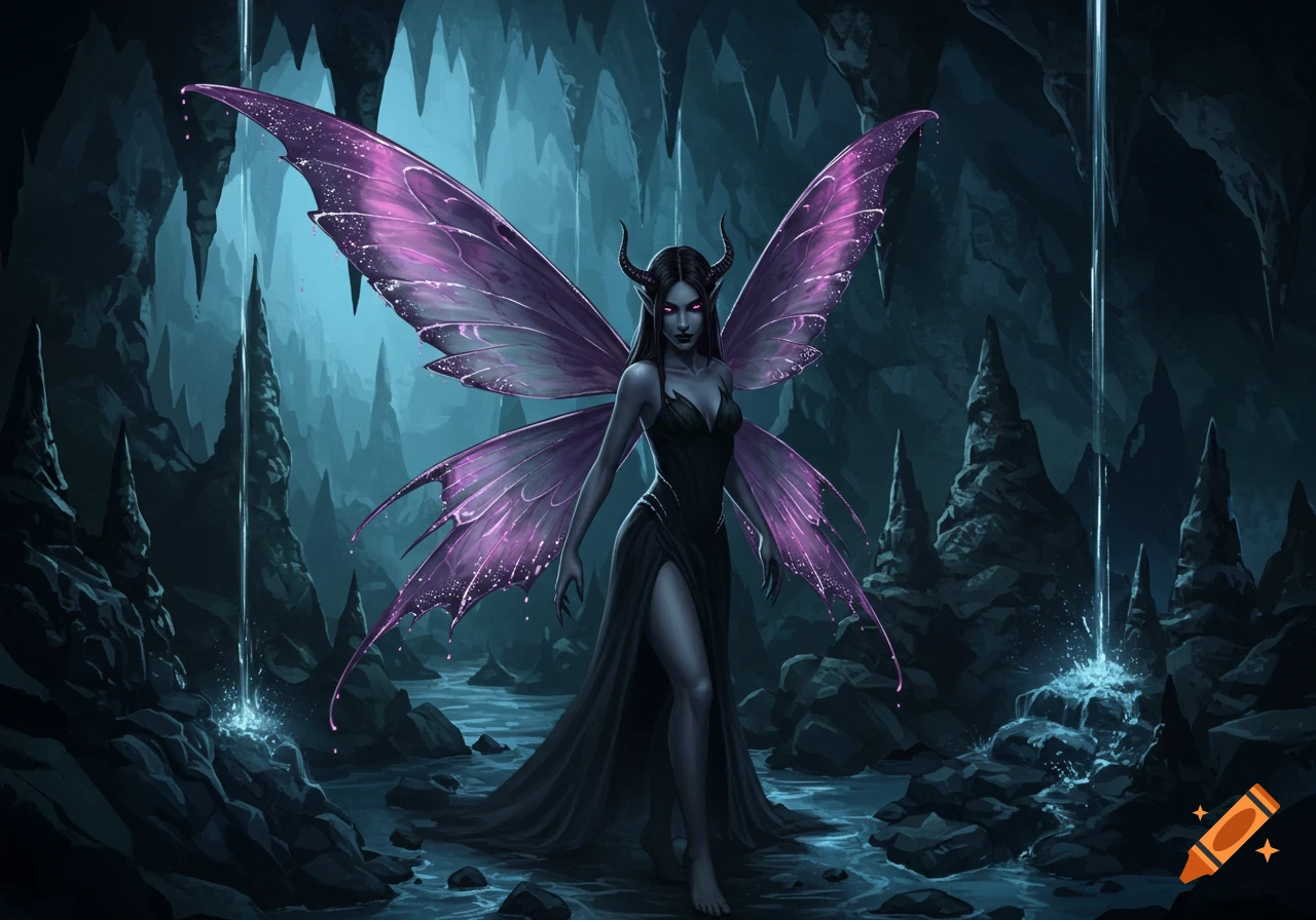 A dark fantasy illustration of an evil fairy with purple wings, horns, and red eyes, standing in a glowing cave with a stream.