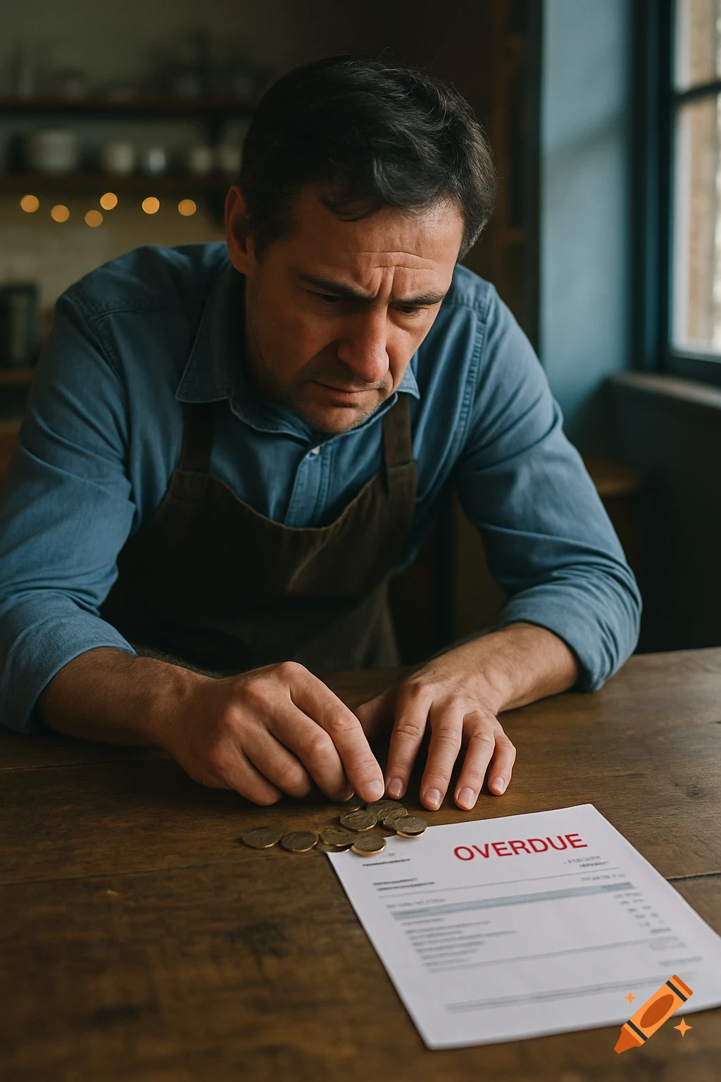 A stressed man in a cafe apron counts coins on a wooden table with an overdue invoice, photorealistic style.