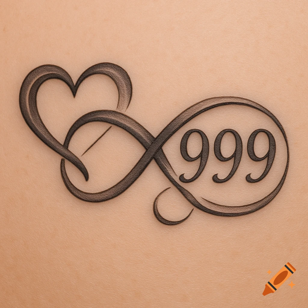 A black tattoo on light skin featuring a heart, an infinity symbol, and the number 999 intertwined in a continuous design.
