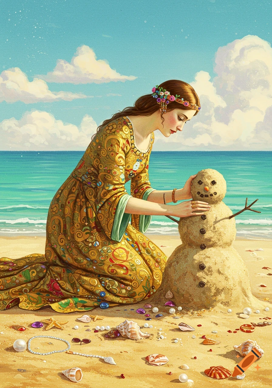 A woman in a richly patterned Klimt-style dress kneels on a sandy beach, building a sand snowman with ocean in the background.