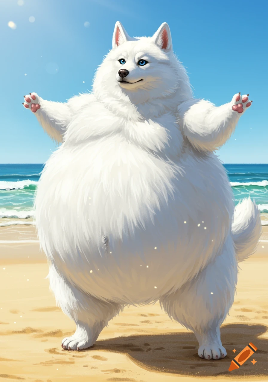 A very fat, white husky with blue eyes stands on a sandy beach with its arms outstretched, under a clear blue sky.