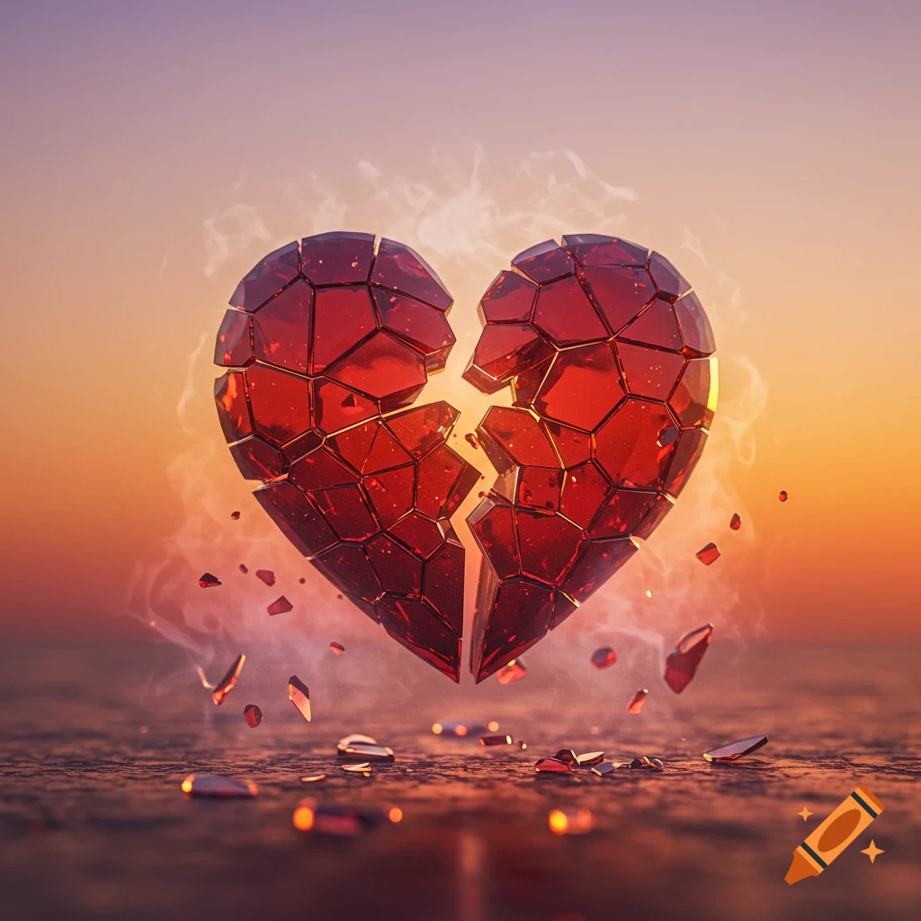 A shattered red crystal heart with smoke and glowing fragments hovers above a dark surface against a sunset gradient sky.