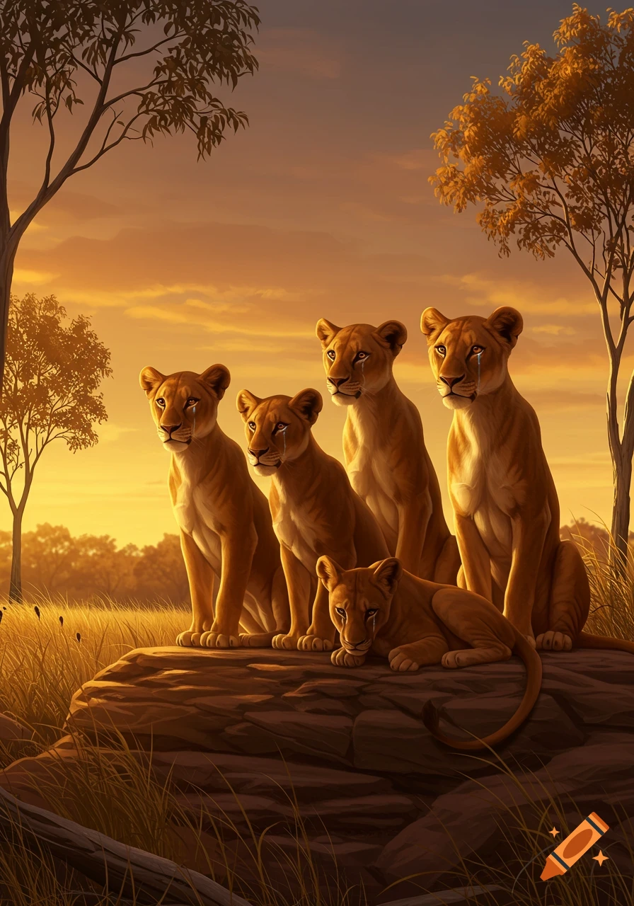 Five lionesses with tears in their eyes sit on a rock in a golden savannah landscape at sunset, digital art.