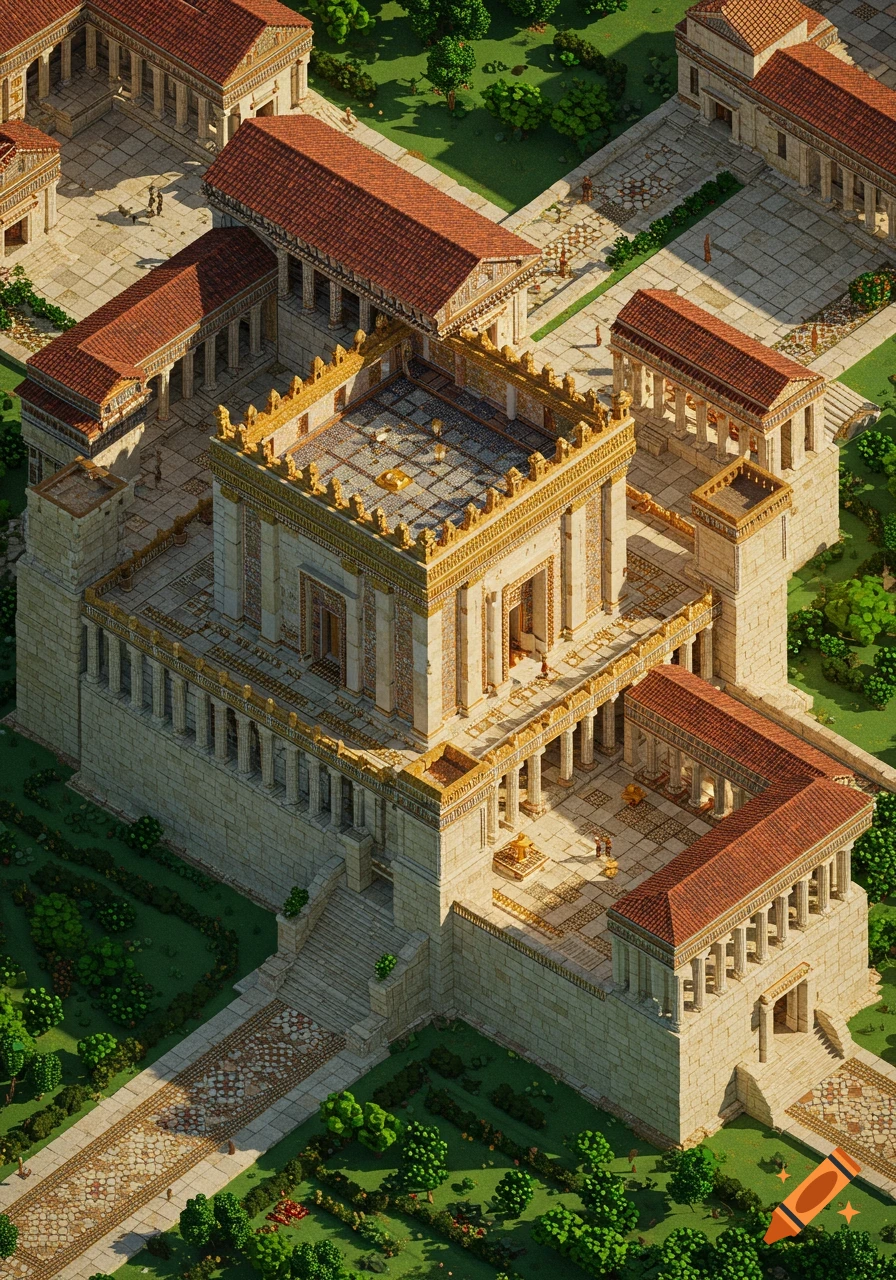 Top-down pixel art of Solomon's Temple, a grand ancient temple complex surrounded by green landscapes.