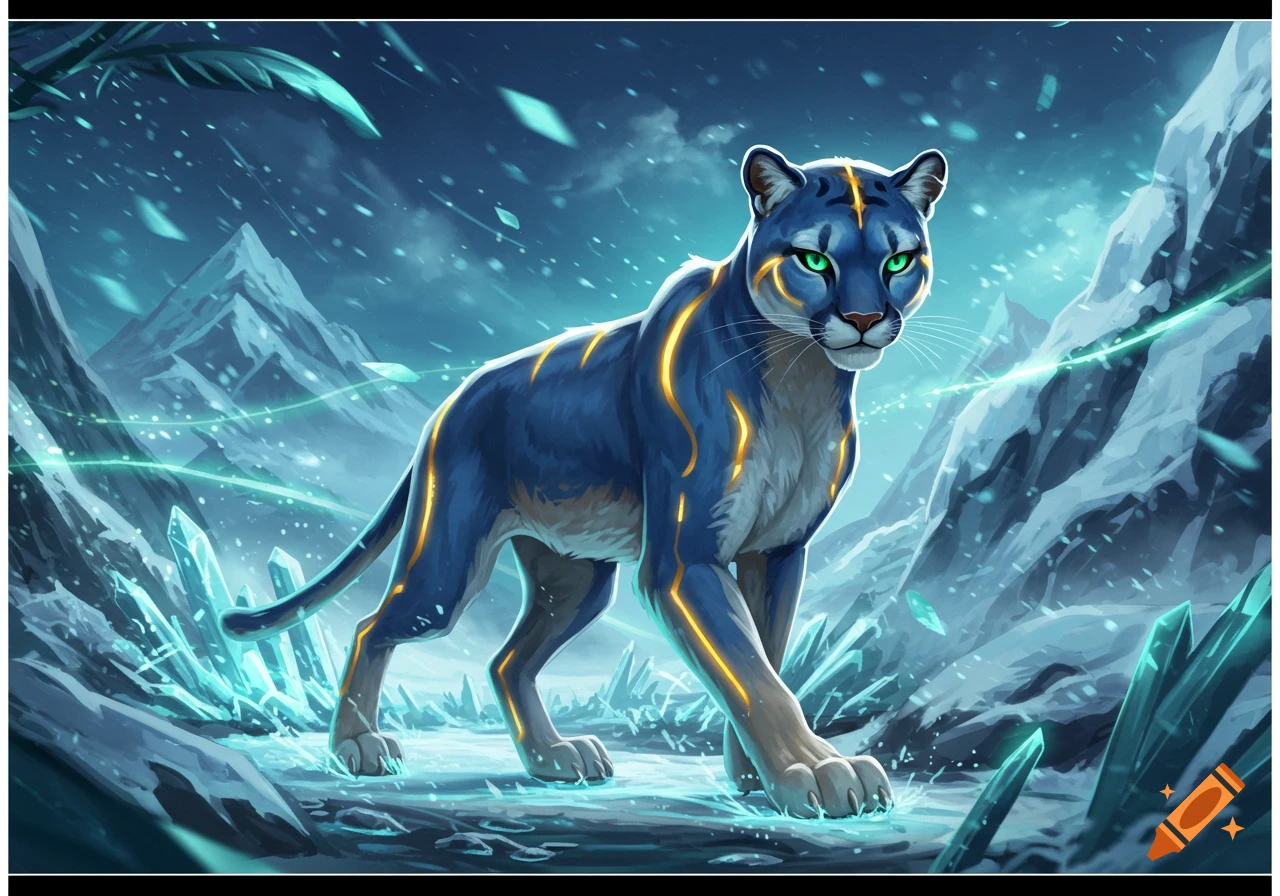A blue cougar with glowing yellow stripes and green eyes stands in a snowy, icy, mountainous fantasy landscape.