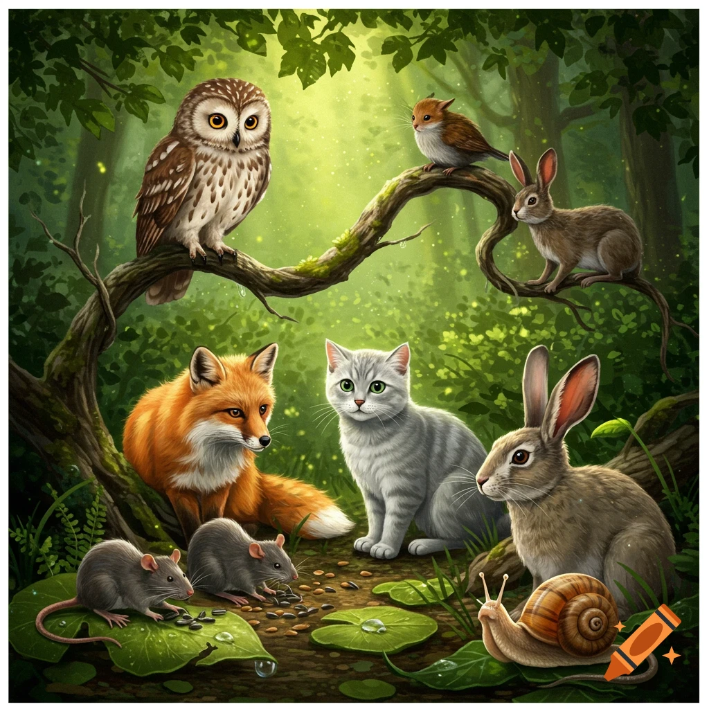 An illustrated forest scene with an owl, fox, cat, rabbits, mice, a bird, and a snail among green foliage.
