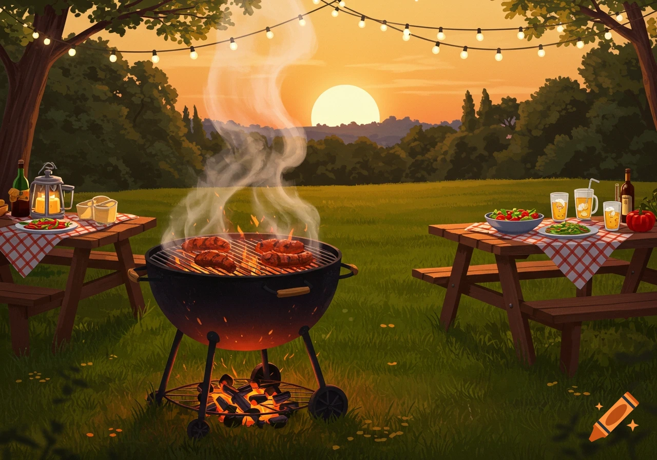 Vibrant illustration of a barbecue grill smoking meat, picnic tables with food and drinks in a grassy field at sunset.