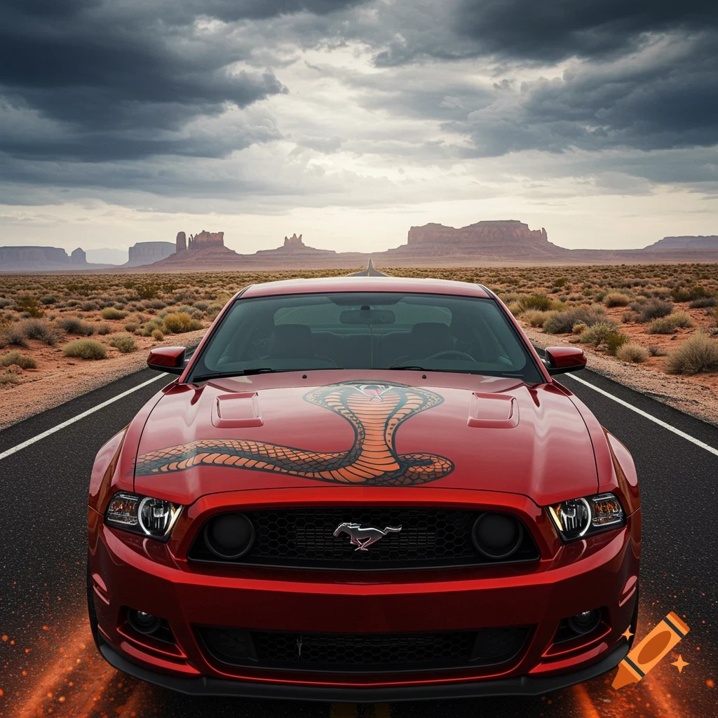 Front view of a red Ford Mustang with a cobra hood graphic on a desert road, mesas in the background.