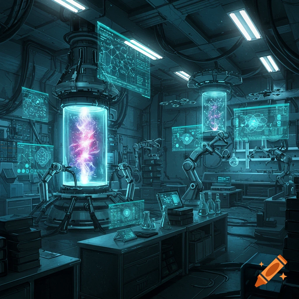 A futuristic science laboratory with glowing machinery, robotic arms, and numerous holographic screens displaying data. Blue and pink lighting.