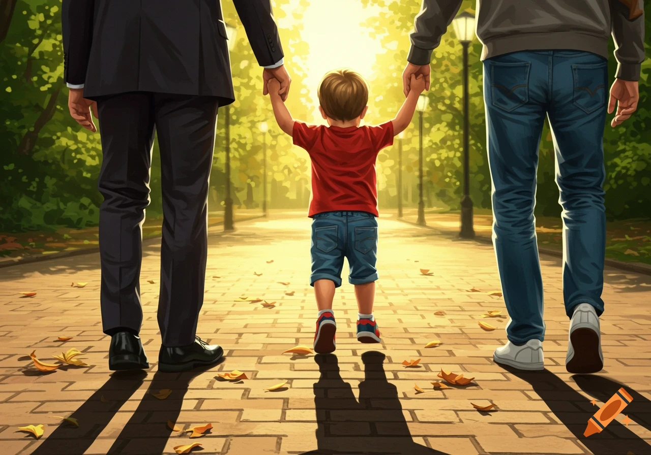 Illustrative image of a child holding hands with two adults, walking away on a sunny park path with leaves.